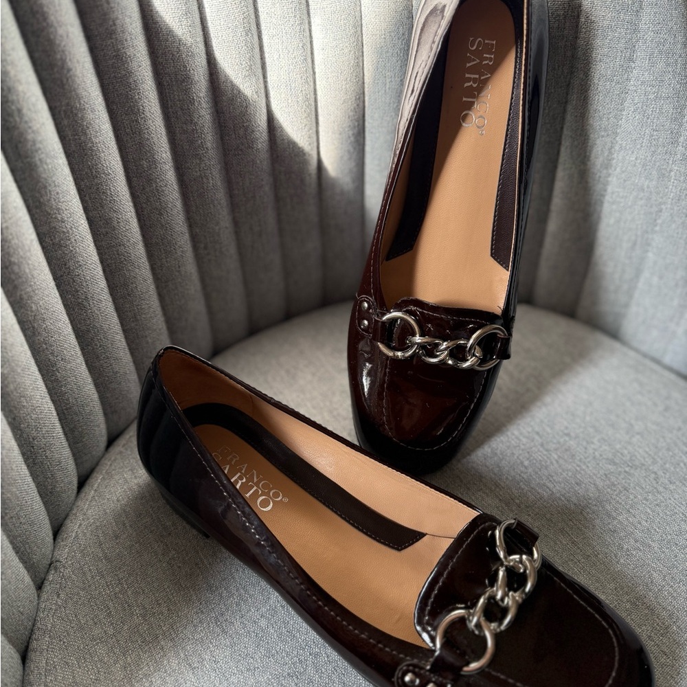 Franco Sarto Brown Patent Flats with Silver Chain Link Accents